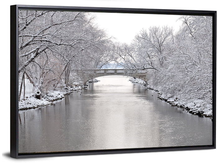 Yahara River Winter Stone Bridge Wall Art as a framed canvas