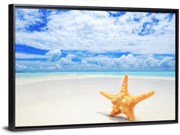 Minimalist Yellow Starfish on Turquoise Shore Wall Art as a framed canvas