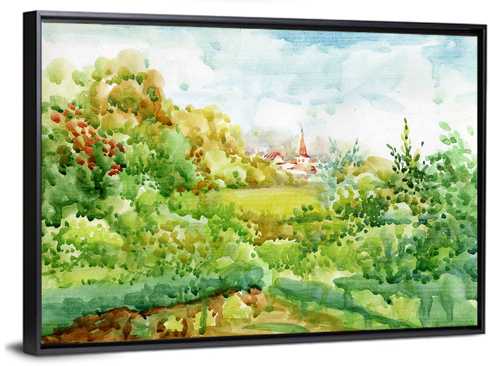 Red Steeple Village Watercolor Wall Art