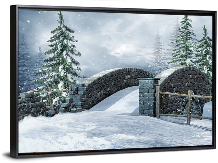 Snowy Stone Bridge in Winter Forest Wall Art as a framed canvas