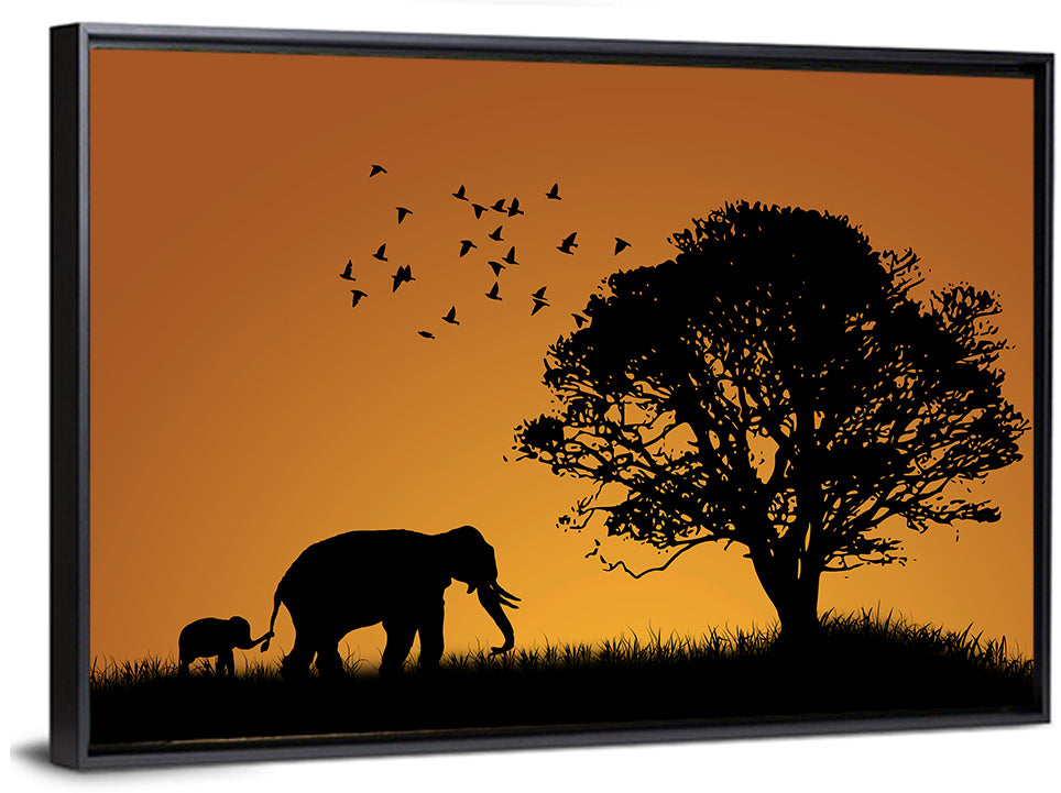 Elephant Family at Golden Sunset Wall Art