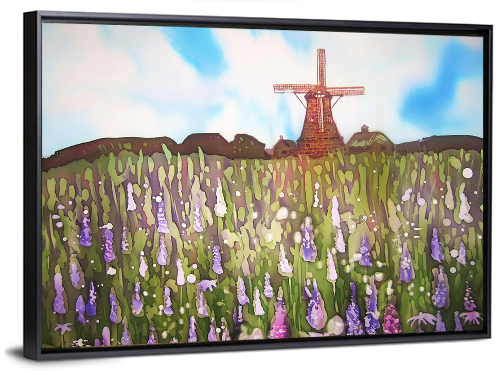 Ink Wash Windmill in Blooming Field Wall Art