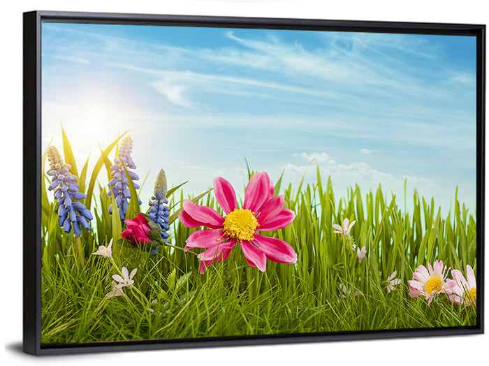 Pink Daisy and Blue Hyacinths in Spring Grass Wall Art as a framed canvas
