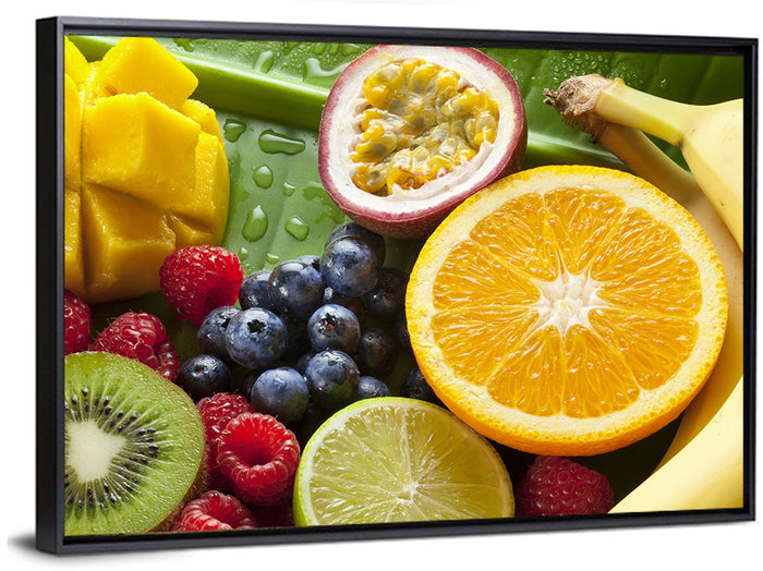 Vibrant Fresh Fruit Flat Lay Wall Art as a framed canvas