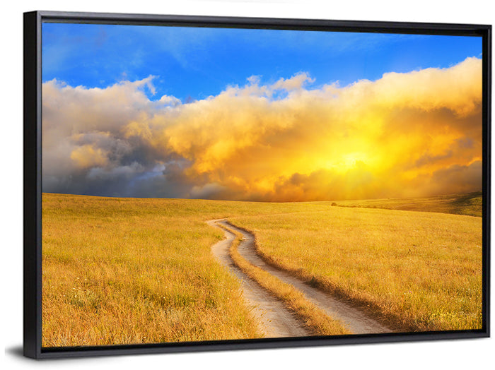 Sunlit Meadow Path with Dramatic Clouds Wall Art as a framed canvas