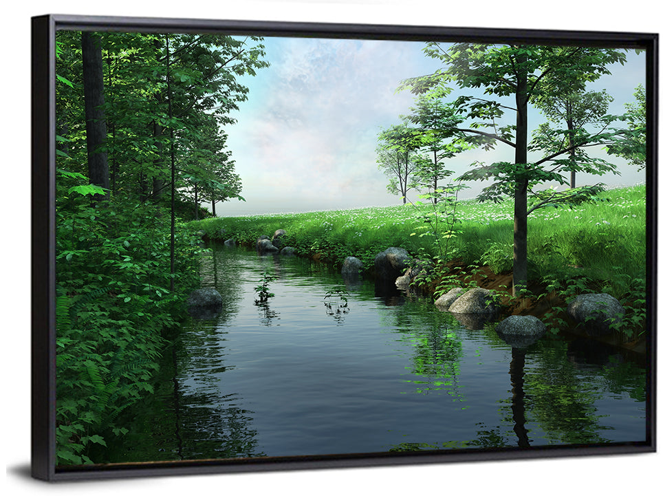 Tranquil Meadow Stream with Wildflowers Wall Art