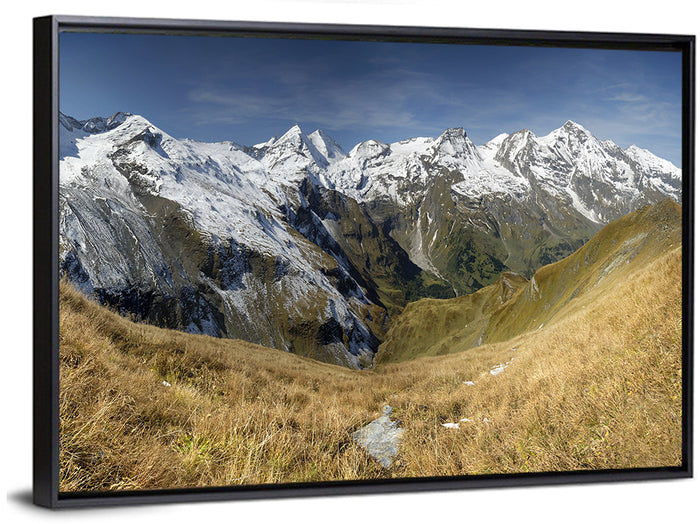 Crisp Alpine Valley with Snow-capped Peaks Wall Art as a framed canvas