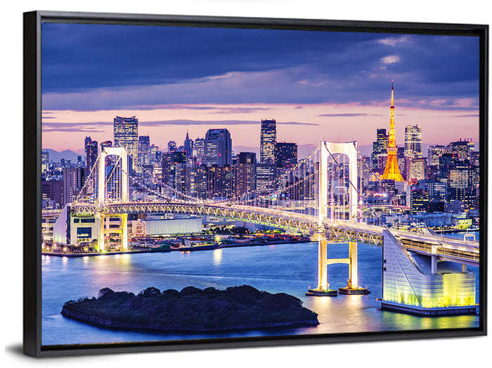 Rainbow Bridge and Tokyo Tower at Twilight Wall Art as a framed canvas