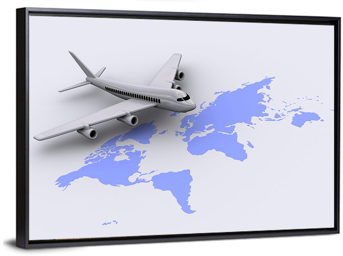 Airplane Over World Map Wall Art as a framed canvas