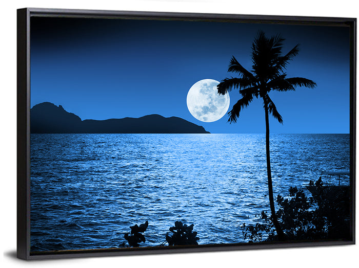 Moonlit Tropical Shore Silhouette Wall Art as a framed canvas