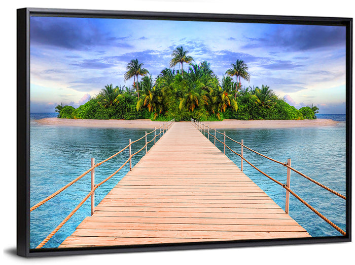 Tropical Island Pier Perspective Wall Art as a framed canvas