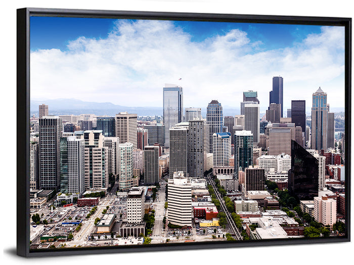 Aerial Seattle Skyline Cityscape Wall Art as a framed canvas