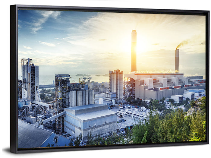 Coastal Power Plant at Sunrise Wall Art as a framed canvas