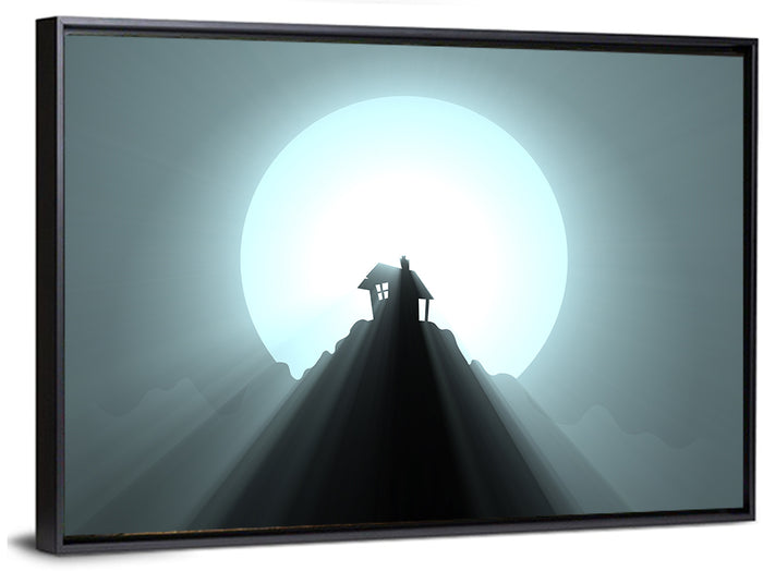 Moonlit Mountain Hut Wall Art as a framed canvas