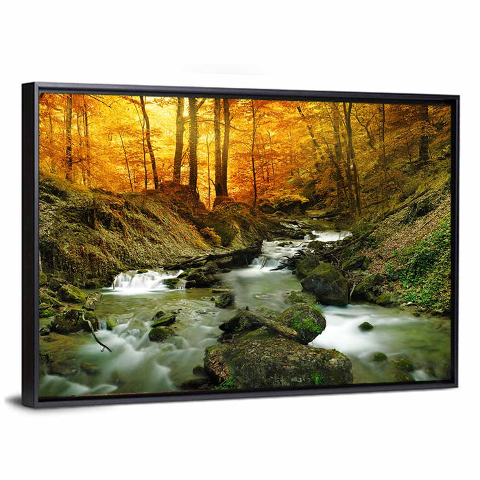 Sunlit Forest Stream Wall Art as a framed canvas
