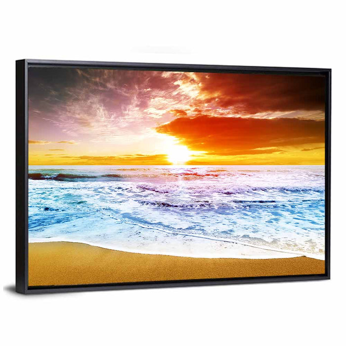 Golden Beach Sunset Wall Art as a framed canvas