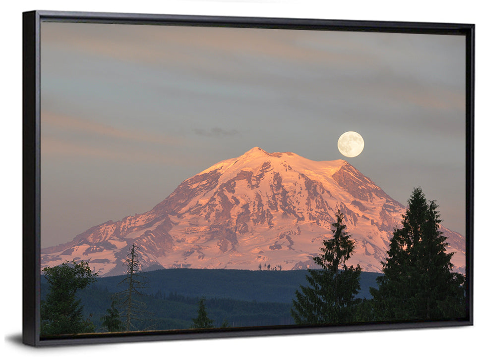 Mount Rainier Alpenglow with Full Moon Wall Art
