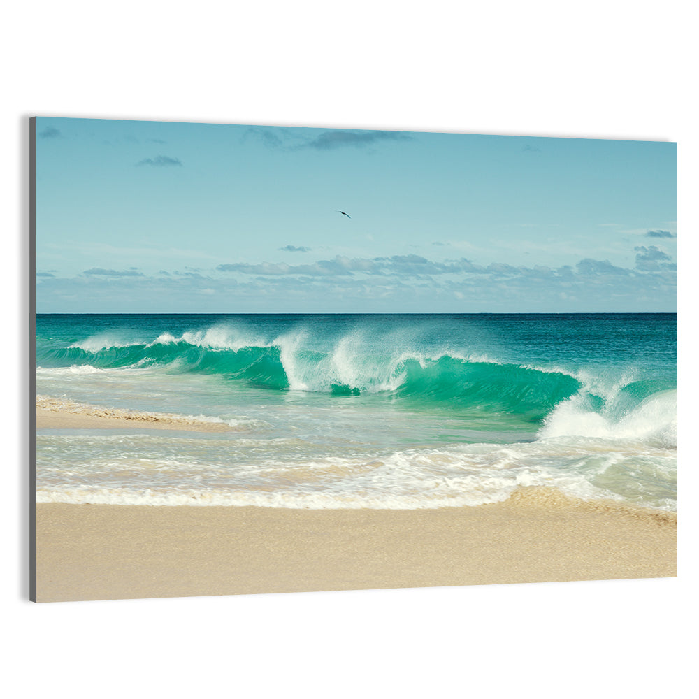 Turquoise Wave on Sandy Beach Wall Art in a room, landscape