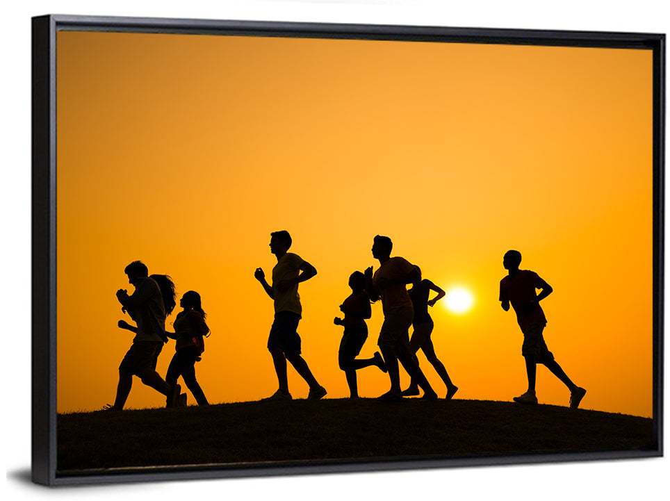 Six Runners Silhouette at Golden Sunset Wall Art