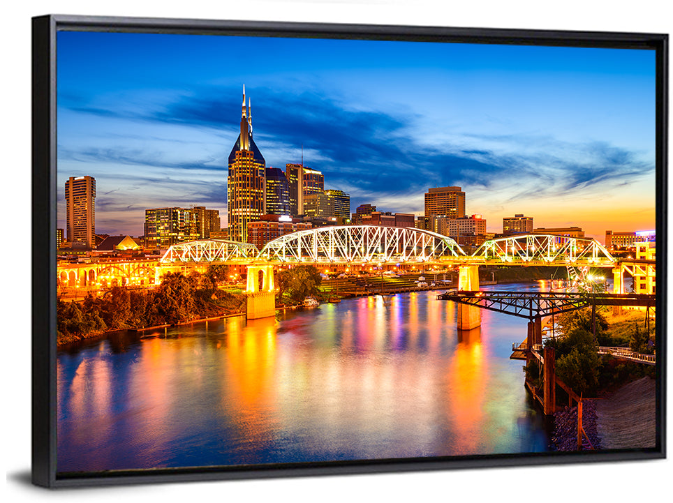 Nashville Skyline at Twilight Bridge Reflections Wall Art