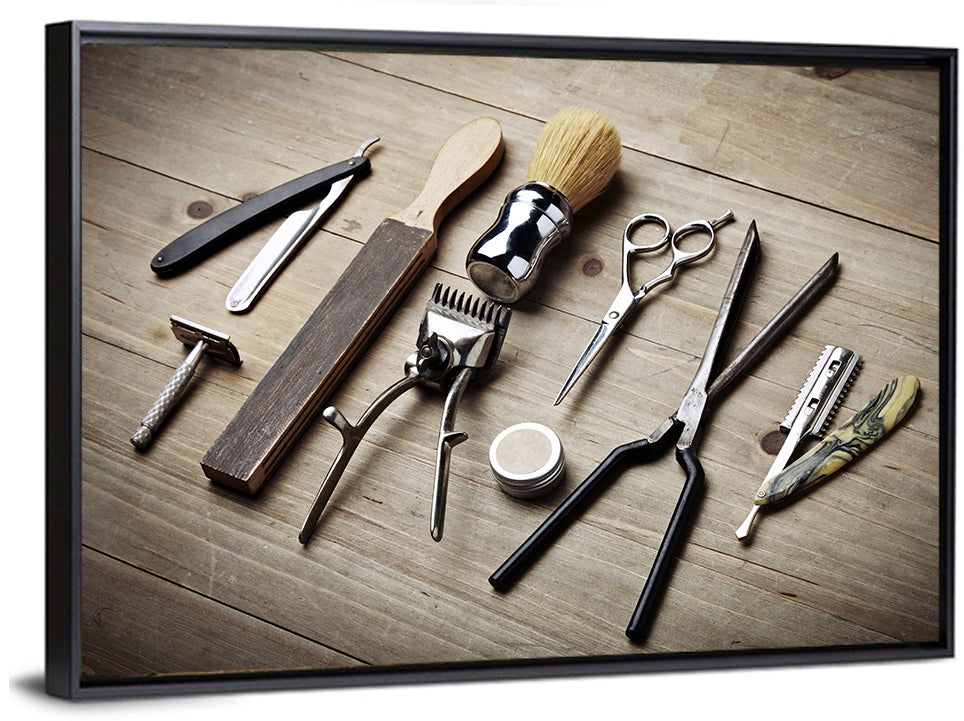 Vintage Barber Tools on Wooden Workbench Wall Art