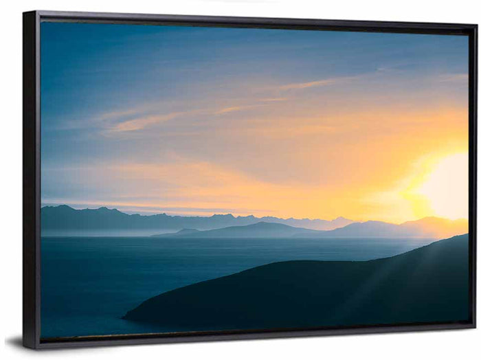 Lake Titicaca Golden Sunrise Wall Art as a framed canvas