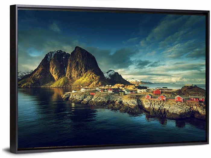 Reine Red Fishing Huts Wall Art as a framed canvas