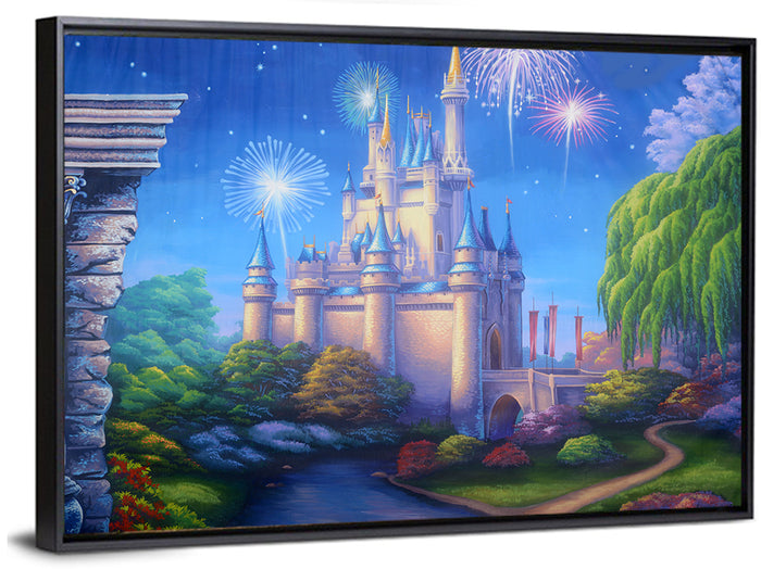 Cinderella Castle Fireworks Illustration Wall Art as a framed canvas