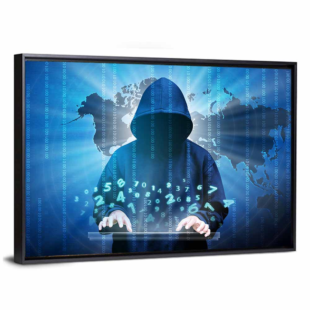 Hooded Hacker with Binary Map Wall Art