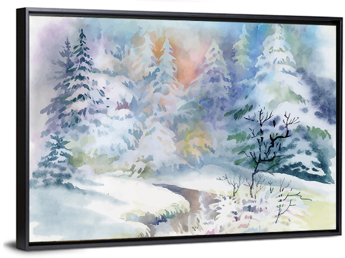 Winding Winter Stream Watercolor Wall Art as a framed canvas
