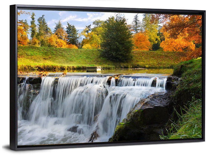 Autumn Forest Waterfall Wall Art as a framed canvas