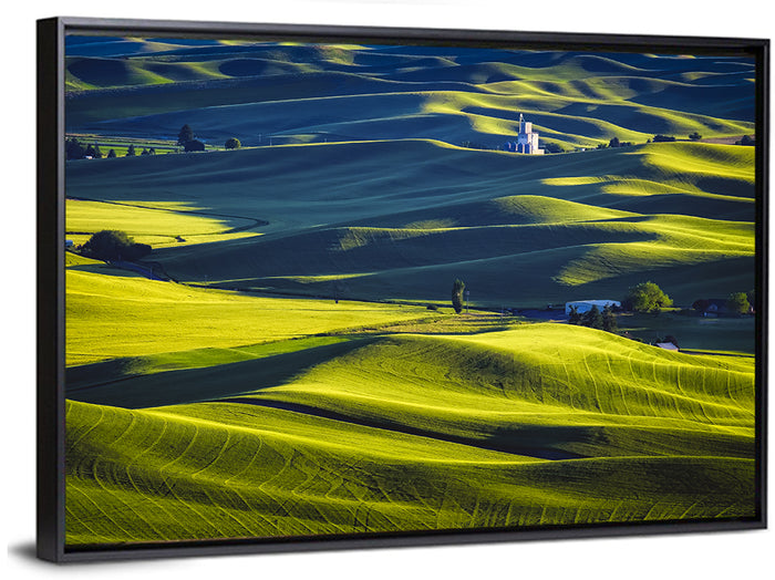 Palouse Hills with Grain Elevator Wall Art as a framed canvas