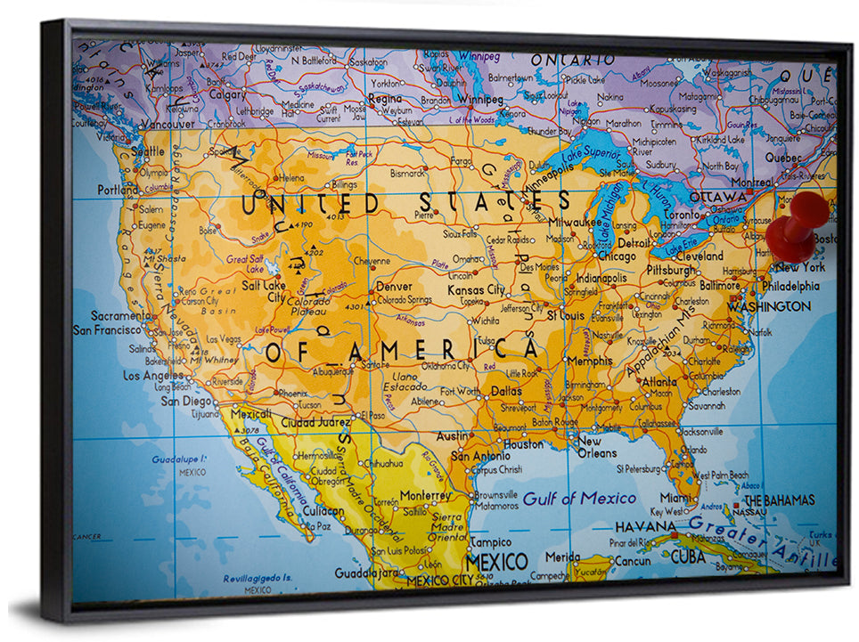Vintage USA Map with Northeastern Pushpin Wall Art