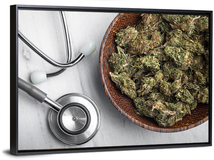 Stethoscope and Medical Cannabis Still Life Wall Art as a framed canvas