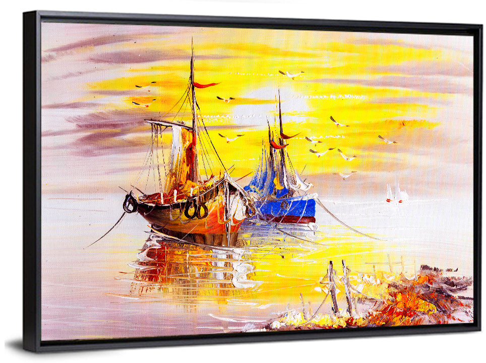 Golden Sunset Sailing Boats Wall Art