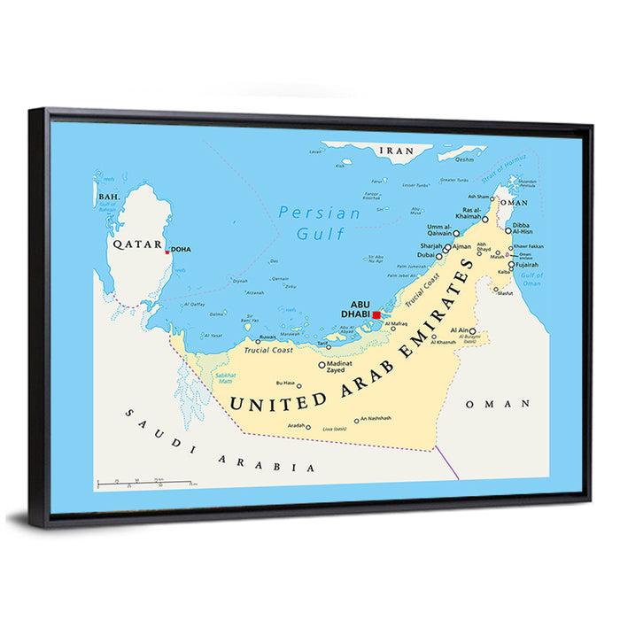 UAE Political Map Wall Art as a framed canvas