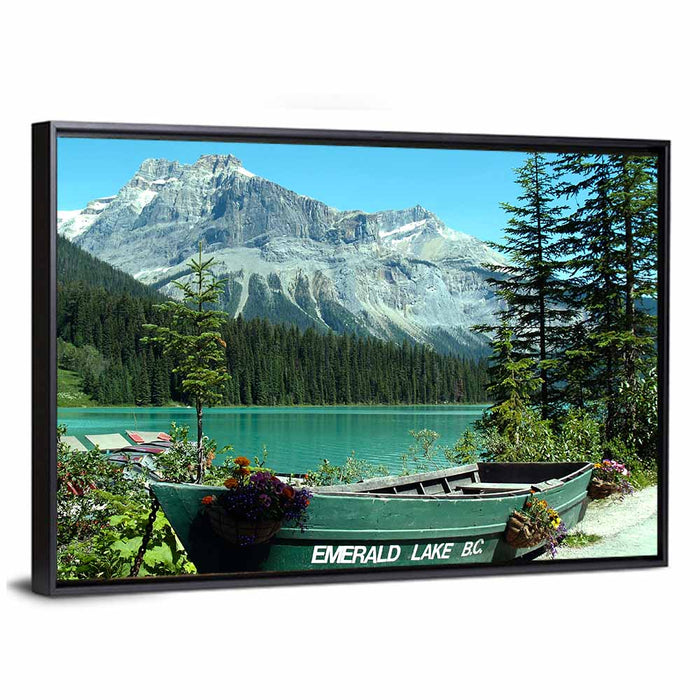 Green Rowboat at Emerald Lake Wall Art as a framed canvas