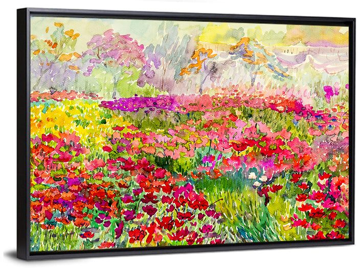 Summer Poppy Meadow Watercolor Wall Art as a framed canvas
