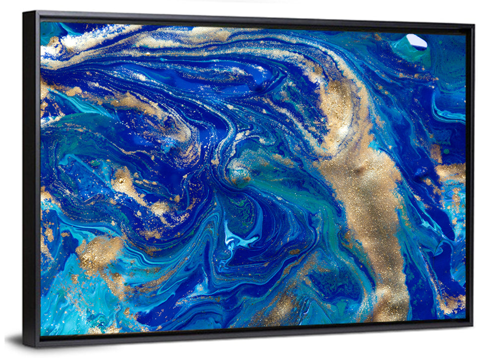 Blue and Gold Liquid Marble Swirls Wall Art