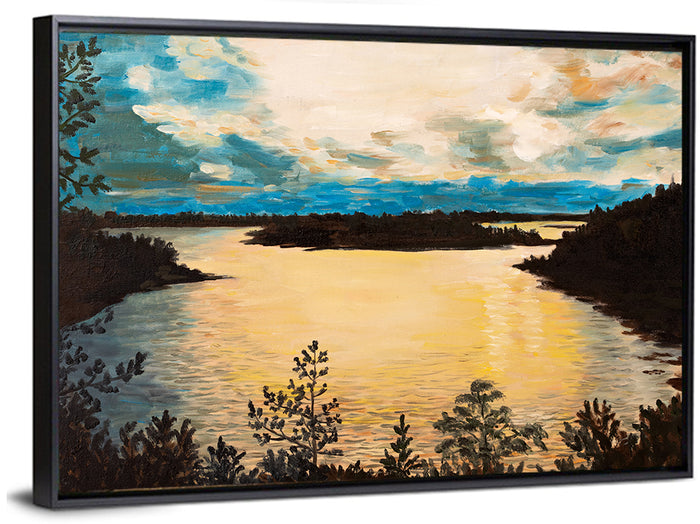 Golden Lake Sunset Painting Wall Art as a framed canvas