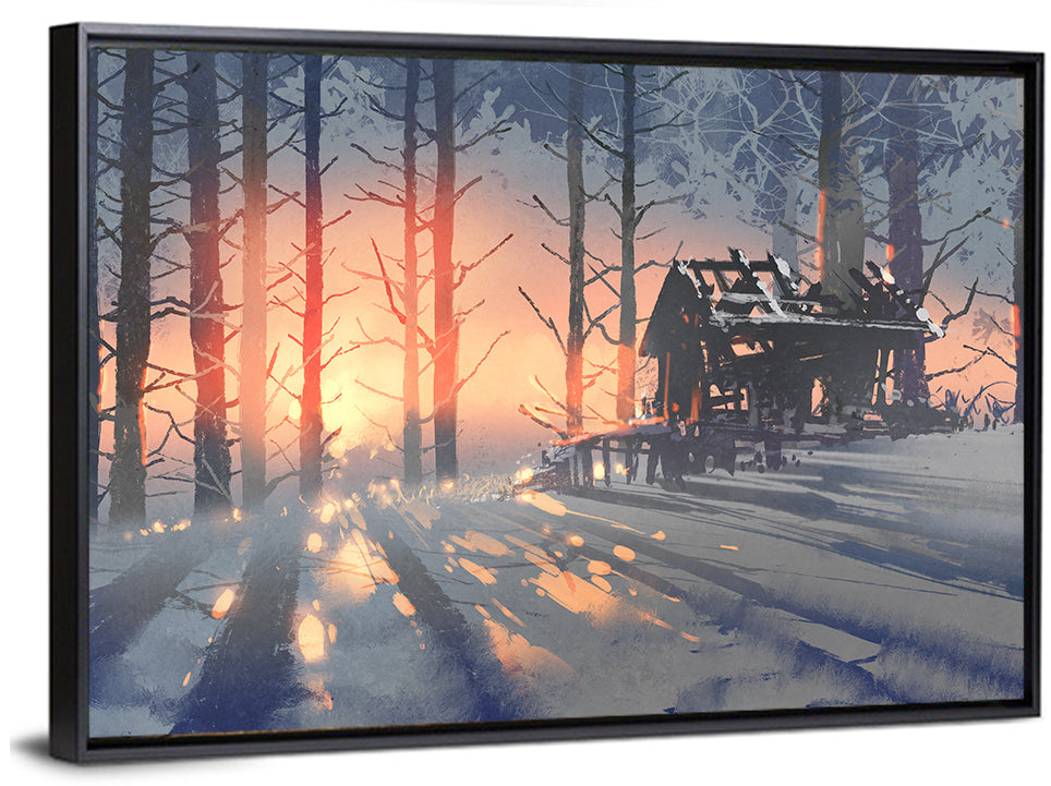 Snowy Forest Cabin at Sunset Wall Art