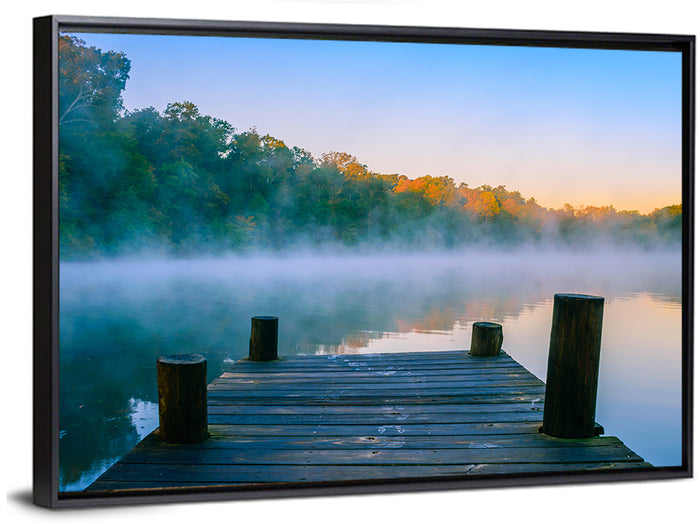 Misty Dock, Mt Saint Francis Wall Art as a framed canvas