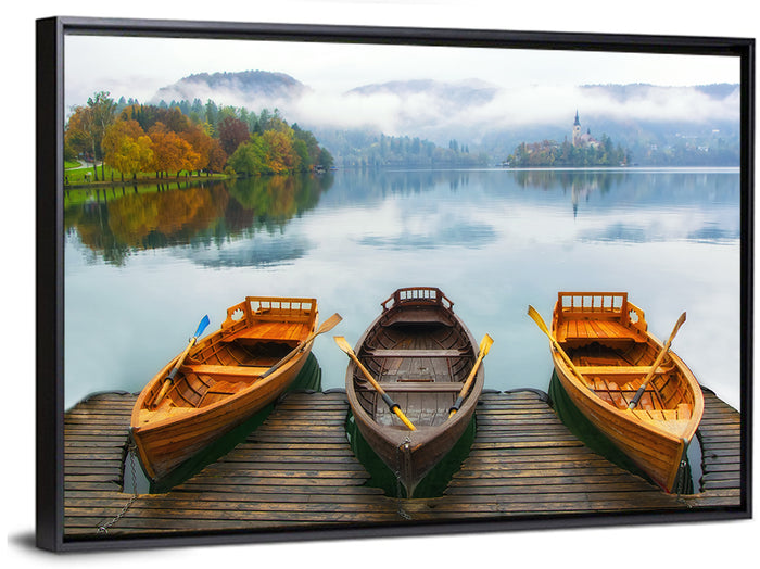 Moored Boats on Misty Lake Bled Wall Art as a framed canvas