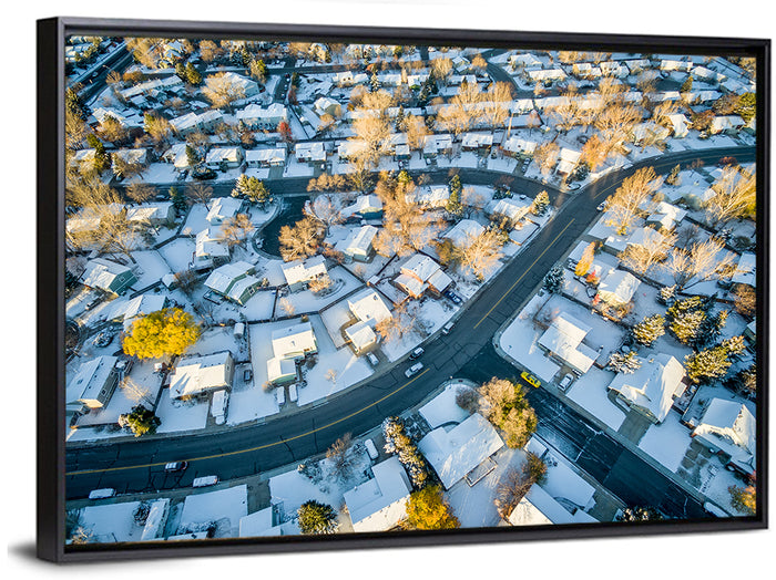 Snowy Fort Collins Neighborhood Aerial Wall Art as a framed canvas