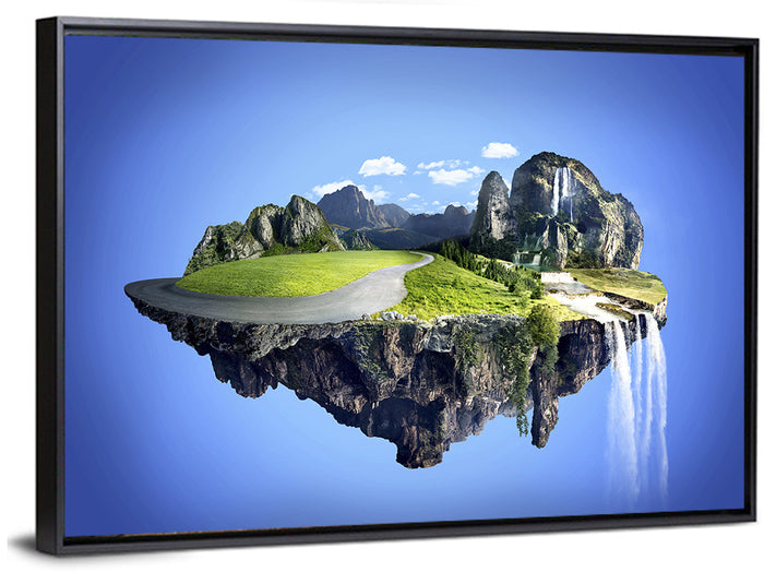Surreal Floating Island with Waterfalls Wall Art as a framed canvas