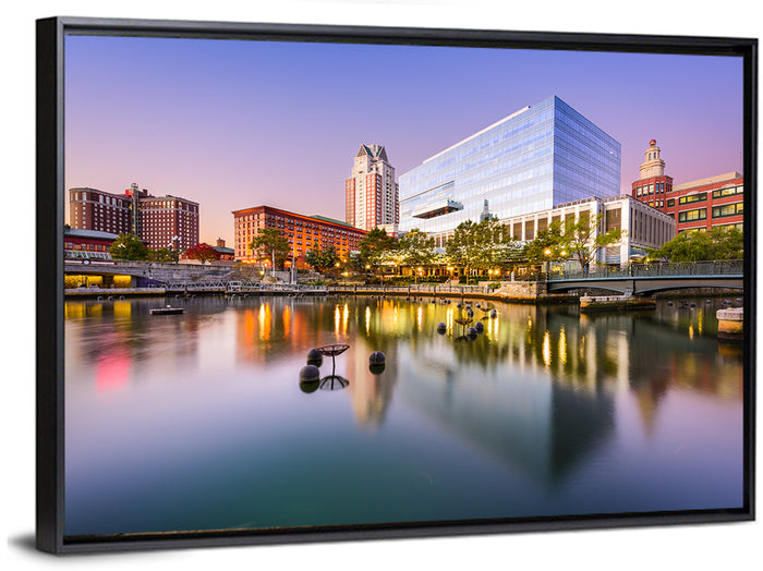 Providence River Skyline at Twilight Wall Art as a framed canvas