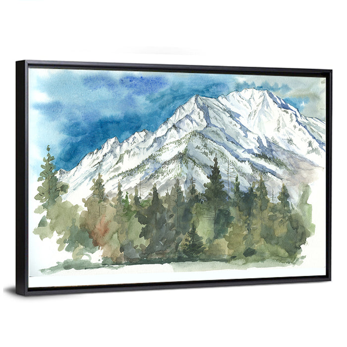Snowy Mountain Watercolor Wall Art as a framed canvas