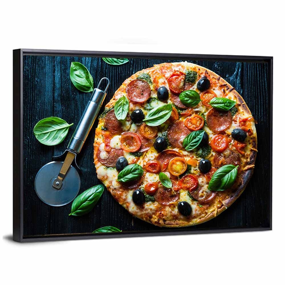 Top-down Pizza with Basil and Olives Wall Art