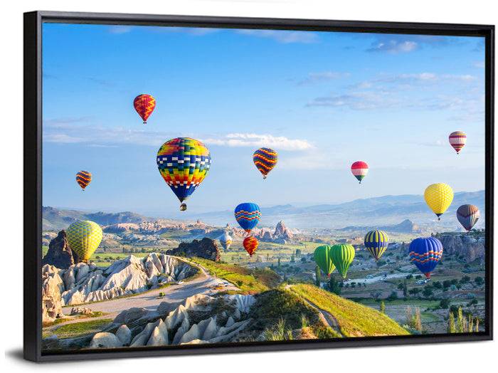 Cappadocia Hot Air Balloons Over Rock Valleys Wall Art as a framed canvas