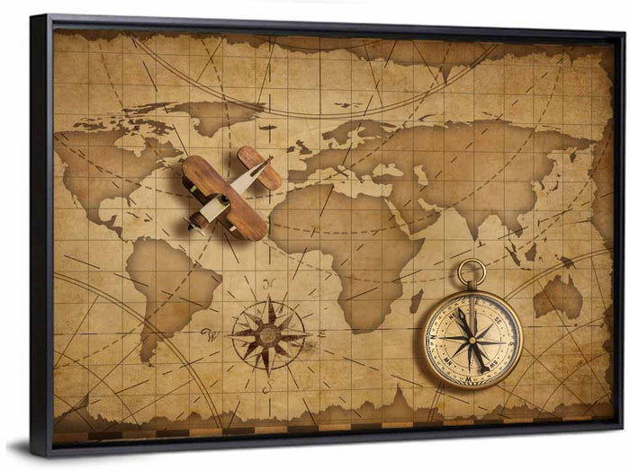 Retro Map with Biplane and Compass Wall Art as a framed canvas